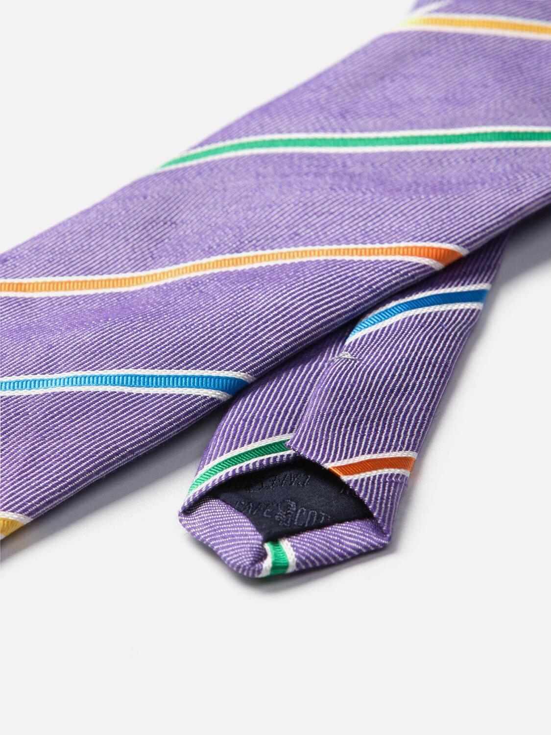 Cravate en soie et lin parme &agrave; rayures multicolores