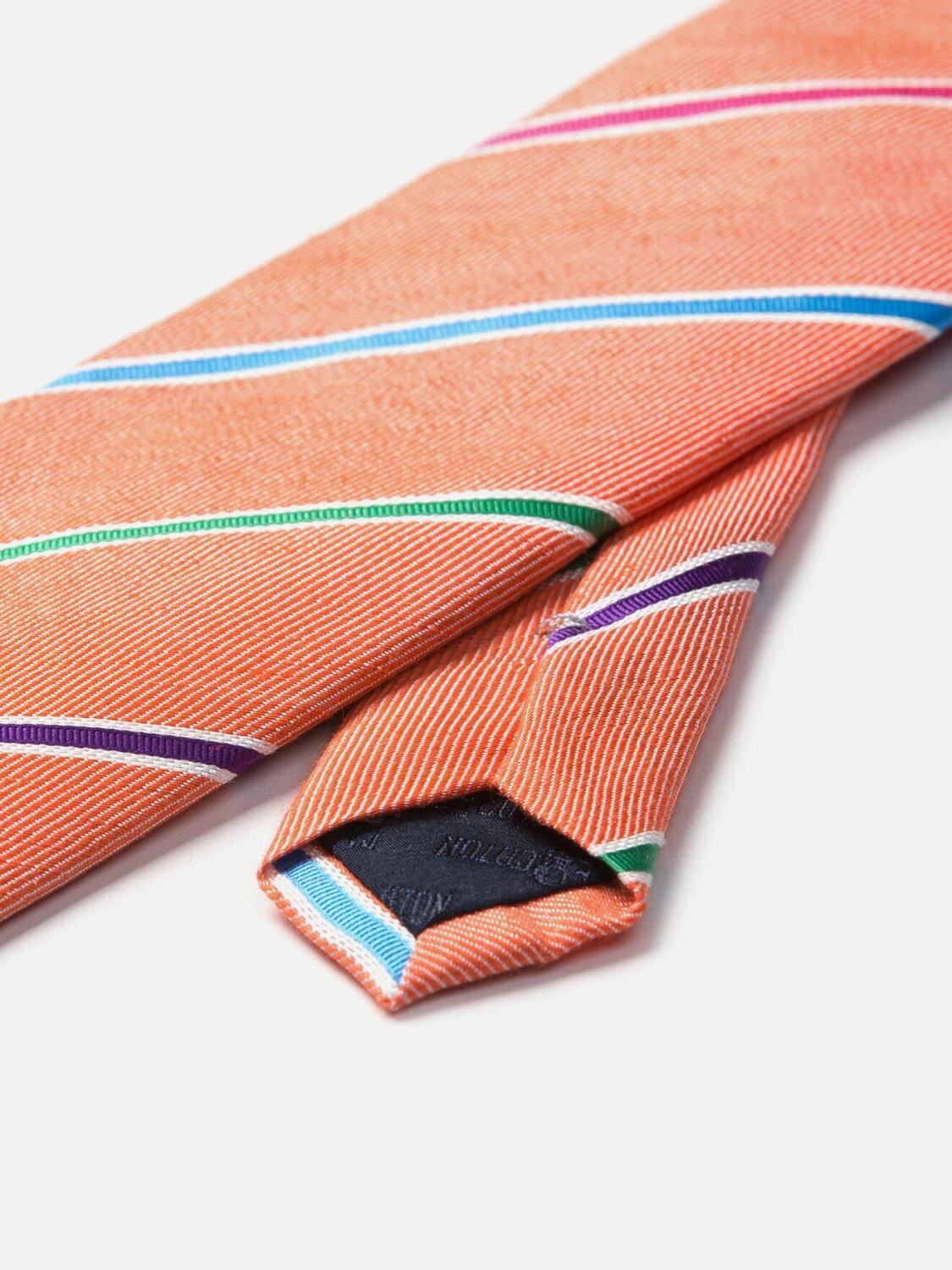 Cravate en soie et lin orange &agrave; rayures multicolores