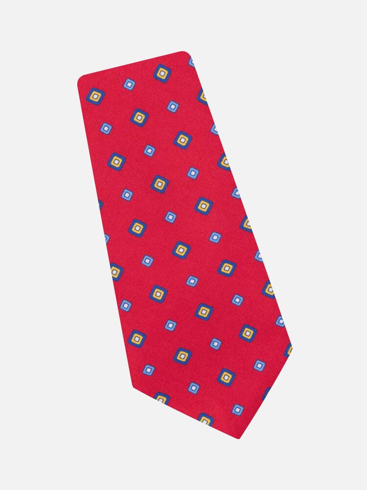 Red silk tie with printed geometric patterns