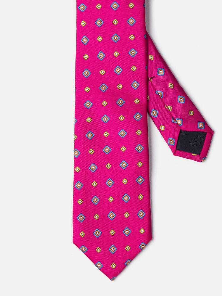 Fuchsia silk tie with printed geometric patterns