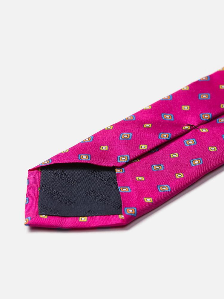 Fuchsia silk tie with printed geometric patterns