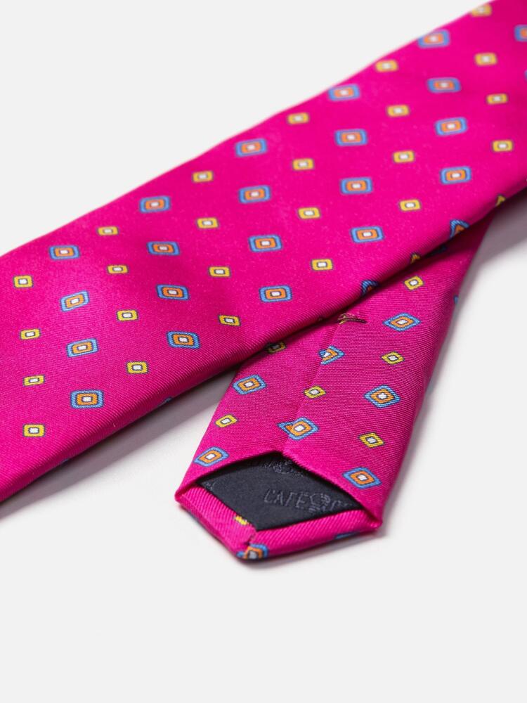 Fuchsia silk tie with printed geometric patterns