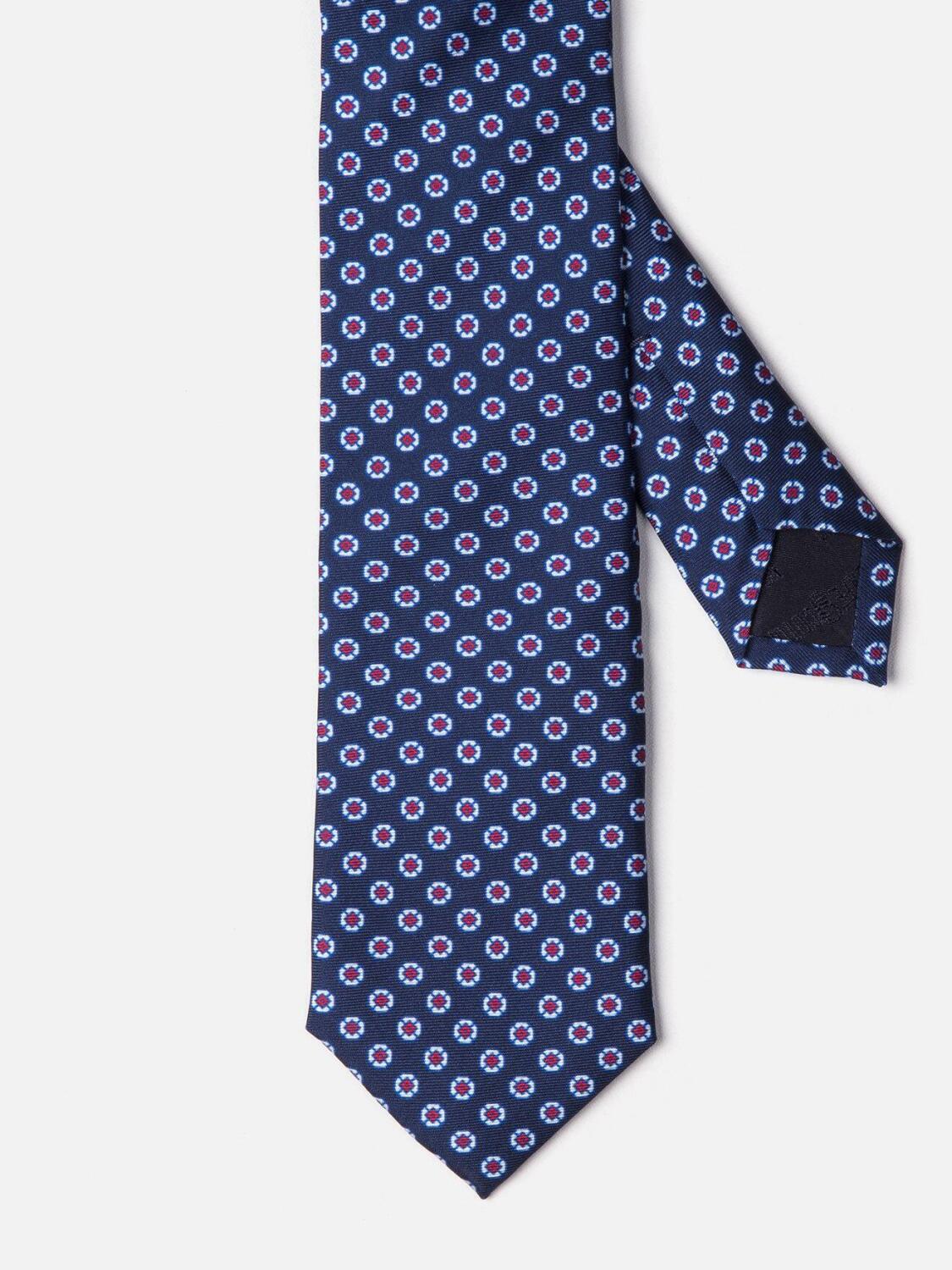 Cravate en soie marine &agrave; motifs imprim&eacute;s fuchsia