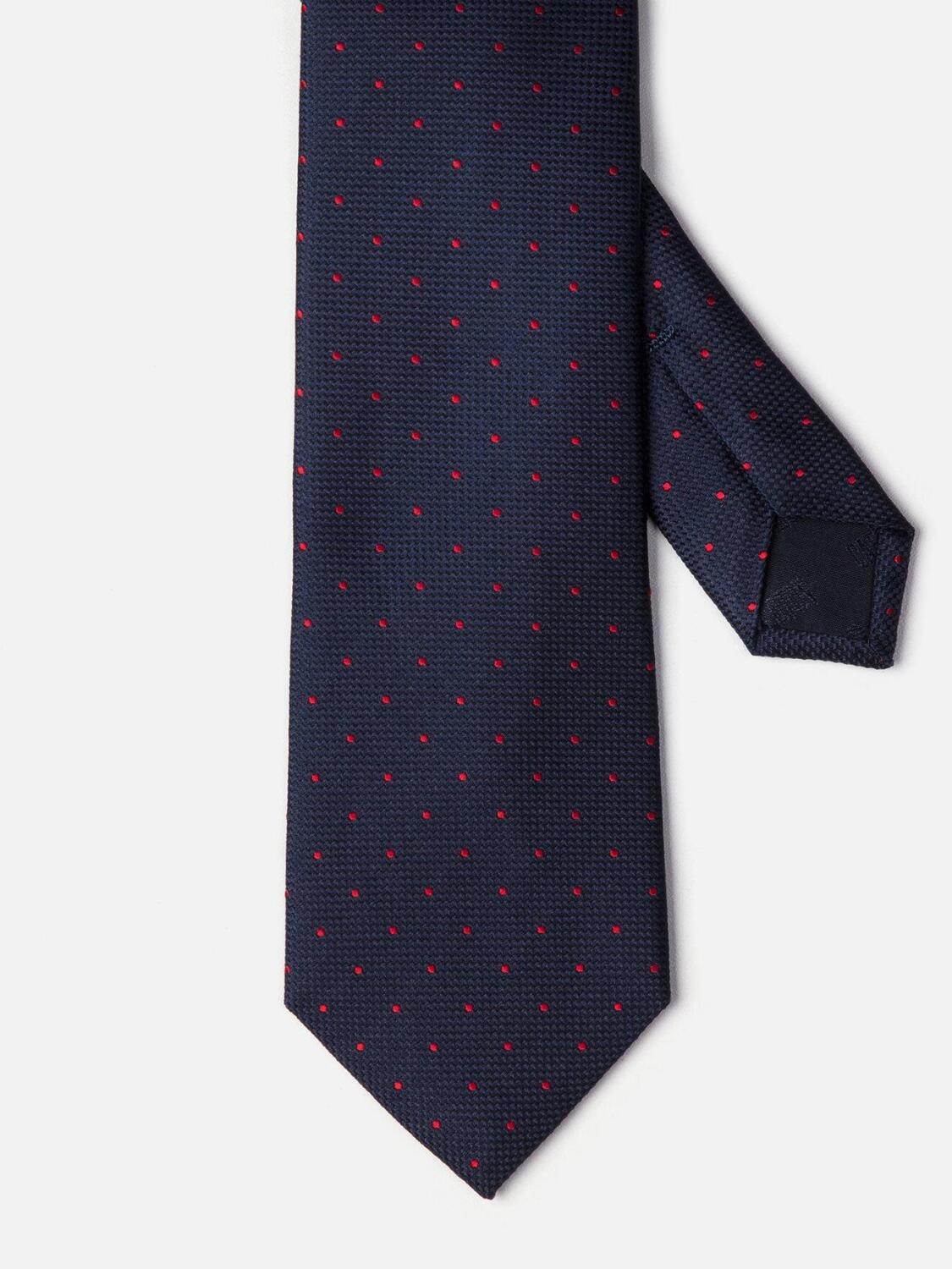Cravate en soie marine &agrave; pois rouge