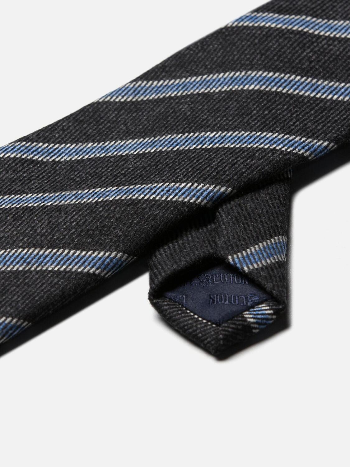 Cravatta in lana e seta grigia a righe celesti