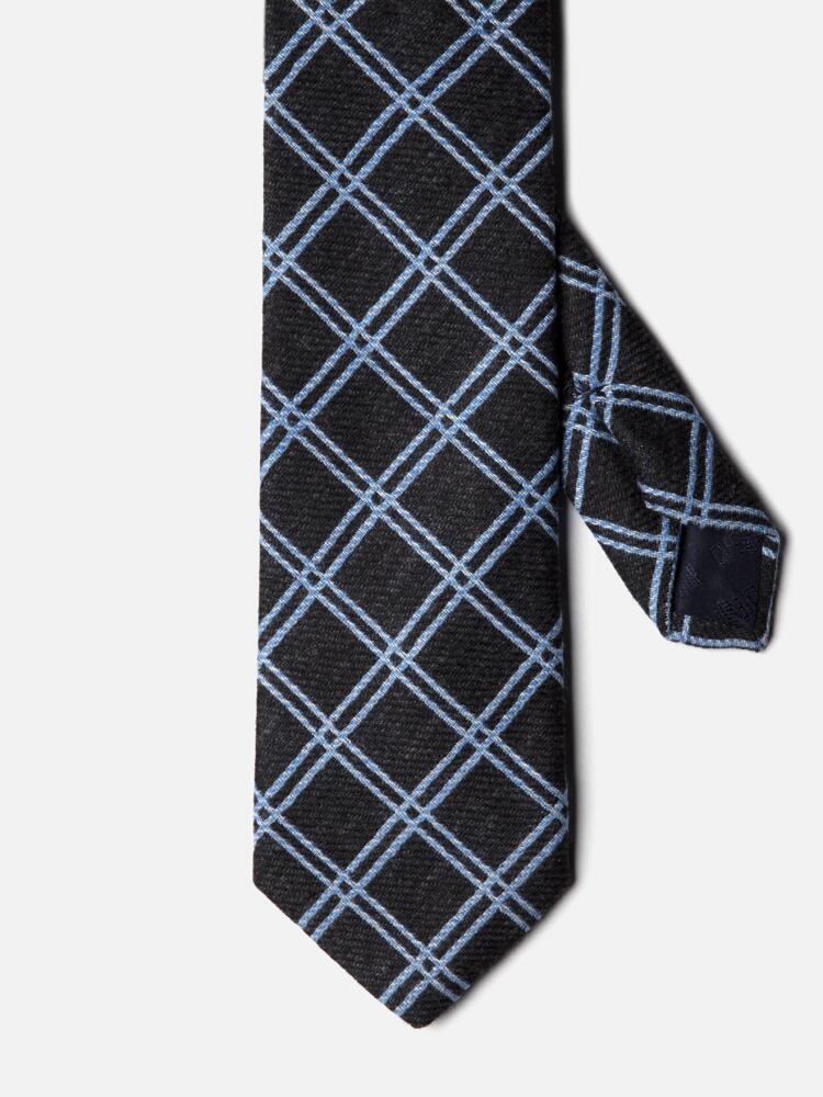 Corbata de lana y seda gris a cuadros celestes