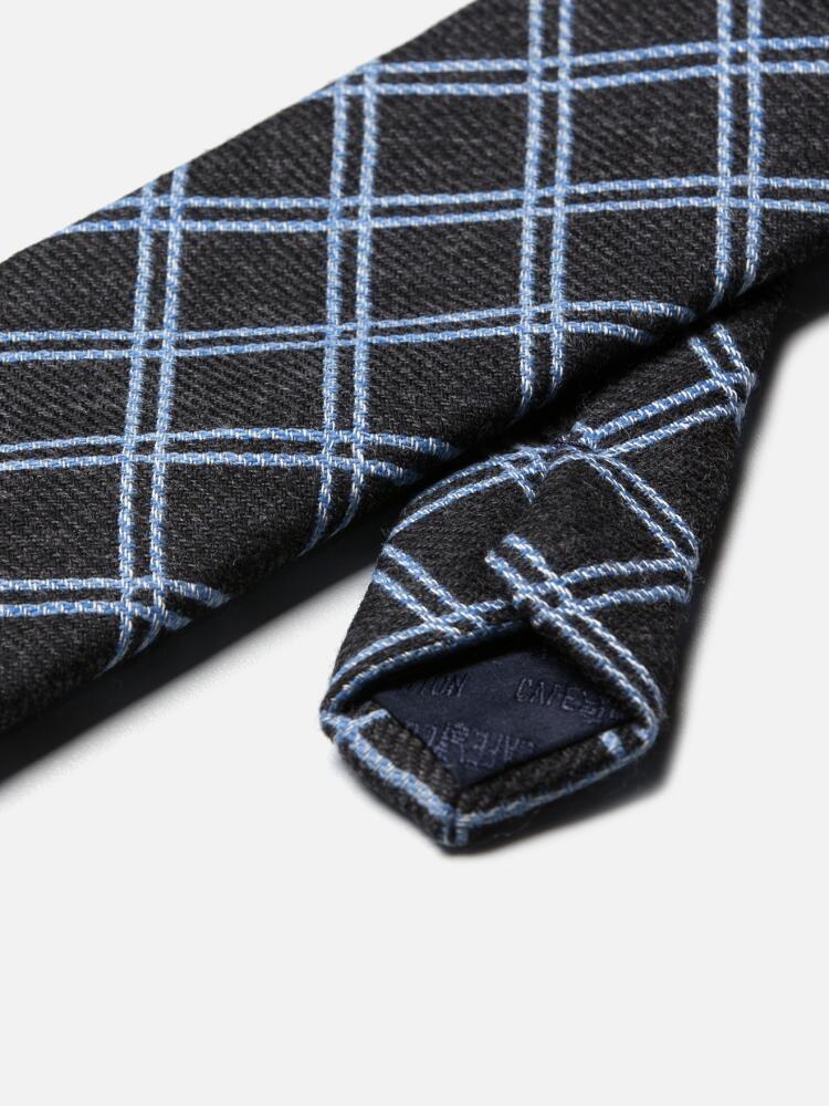 Corbata de lana y seda gris a cuadros celestes