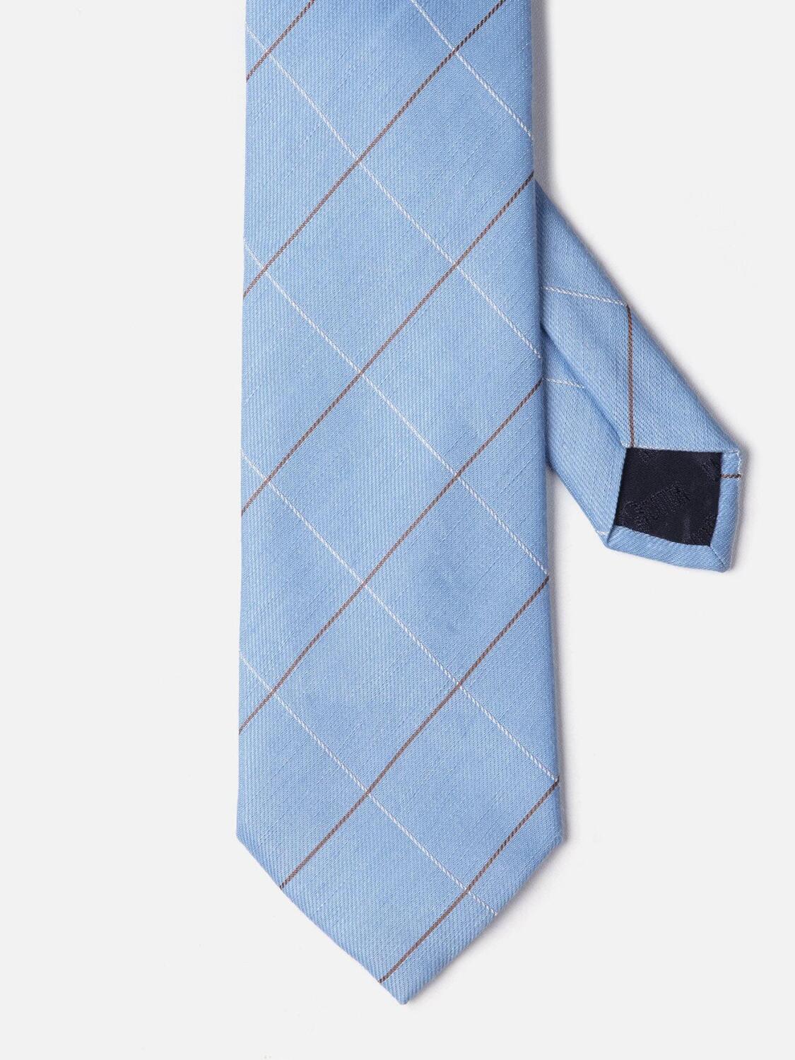 Cravate en lin et soie ciel à carreaux