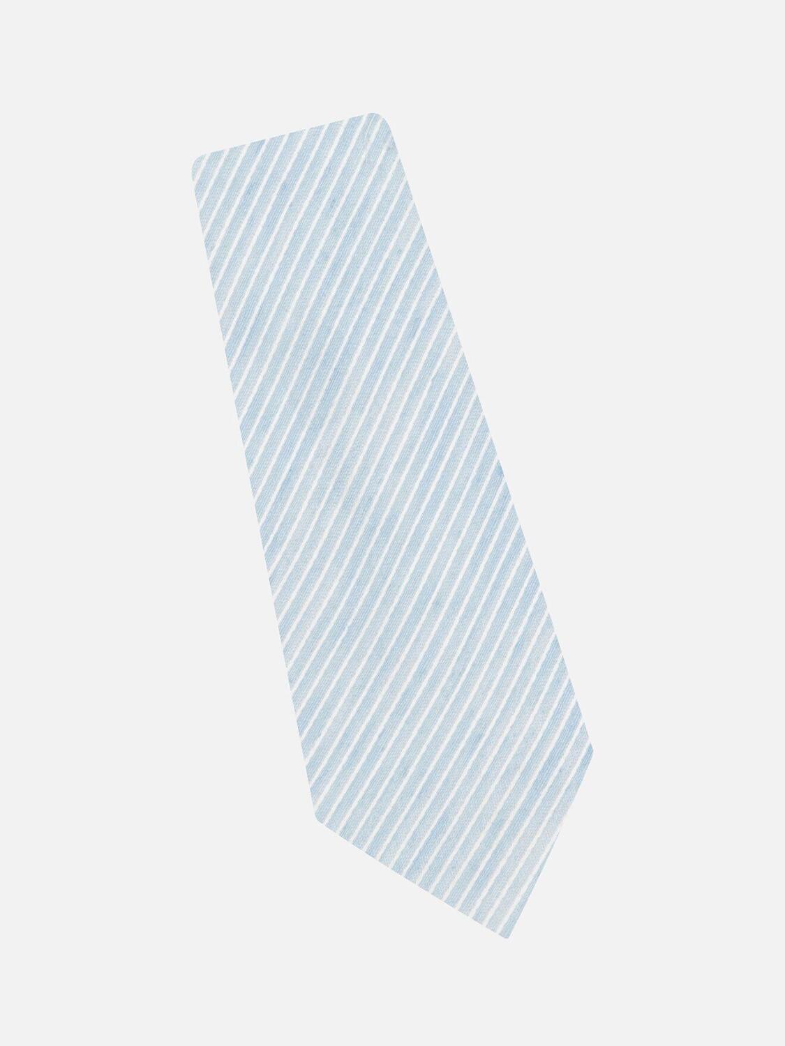 Cravate slim en lin et soie ciel à micro rayures