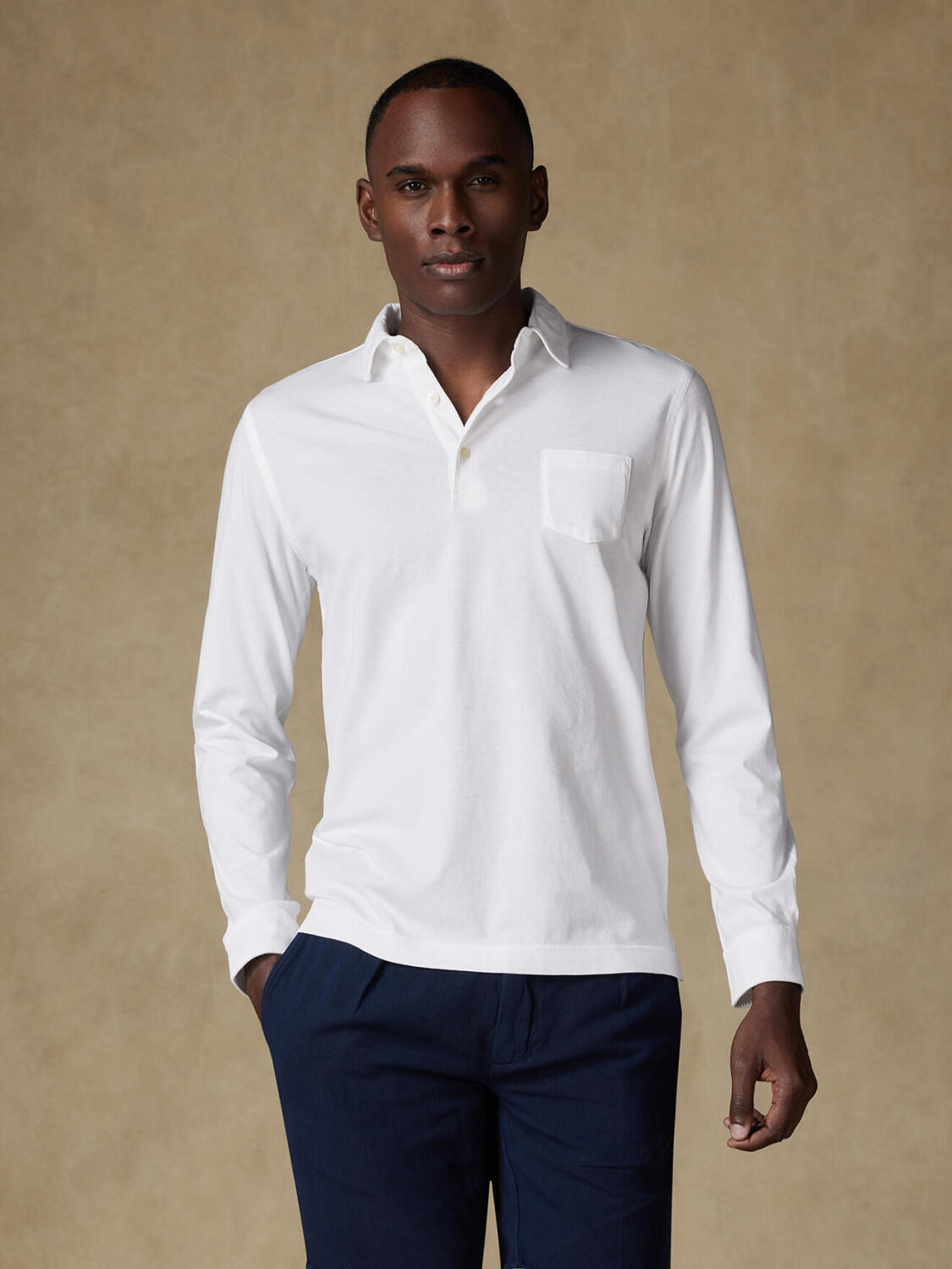 Bred polo lange mouw in wit jersey