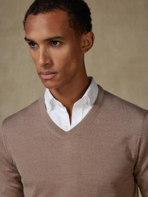 Maglia scollo a V Dylan in lana merino beige