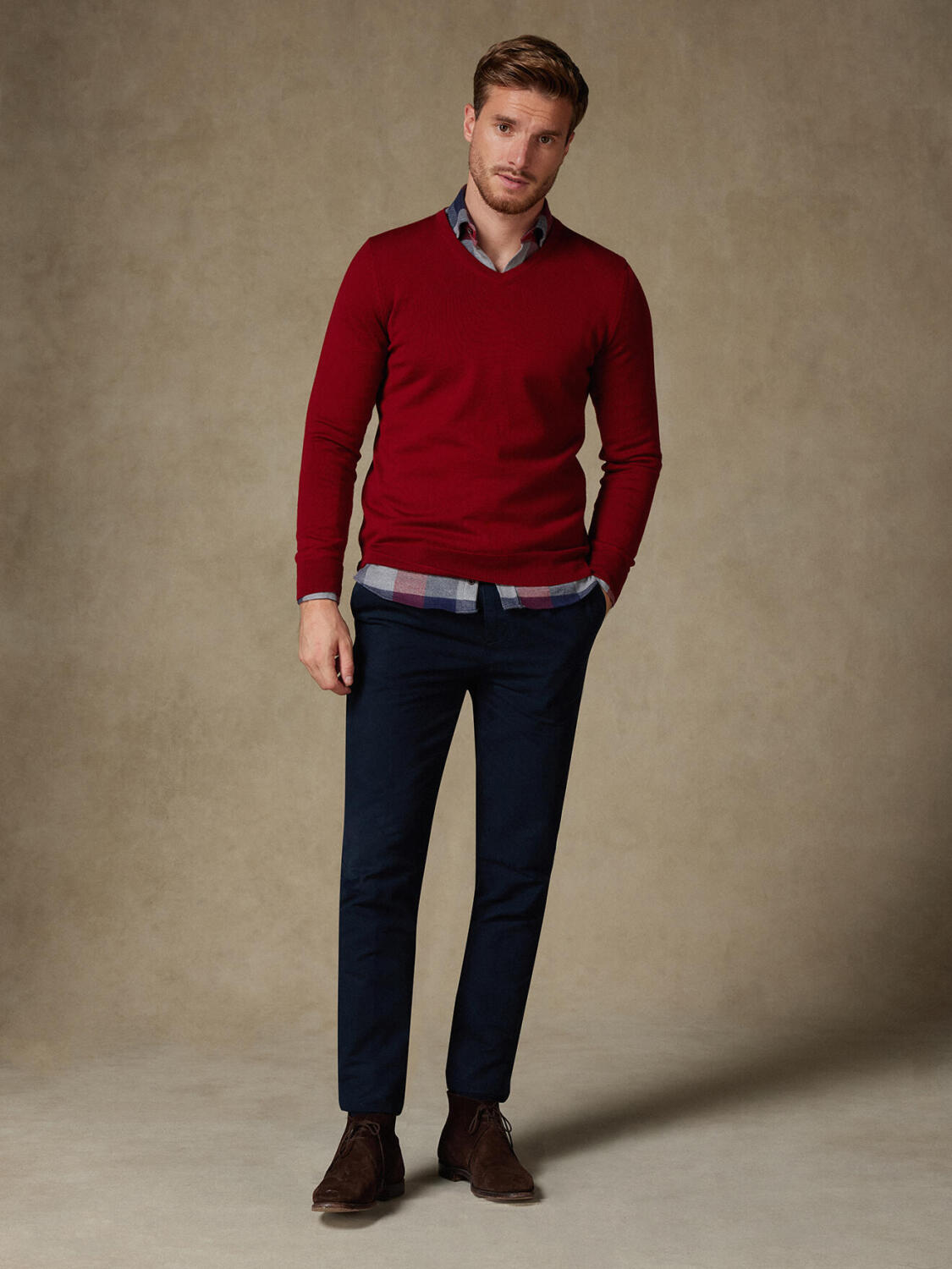 Maglia scollo a V Dylan in lana merino bordeaux