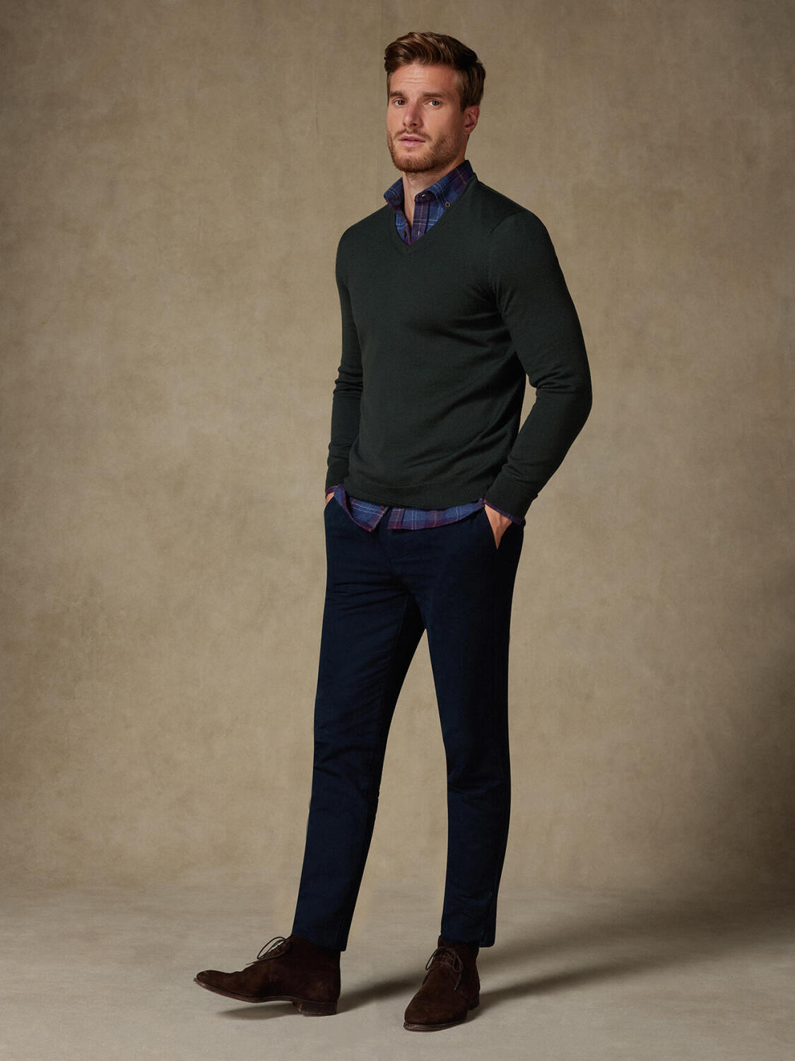 Maglia scollo a V Dylan in lana merino kaki