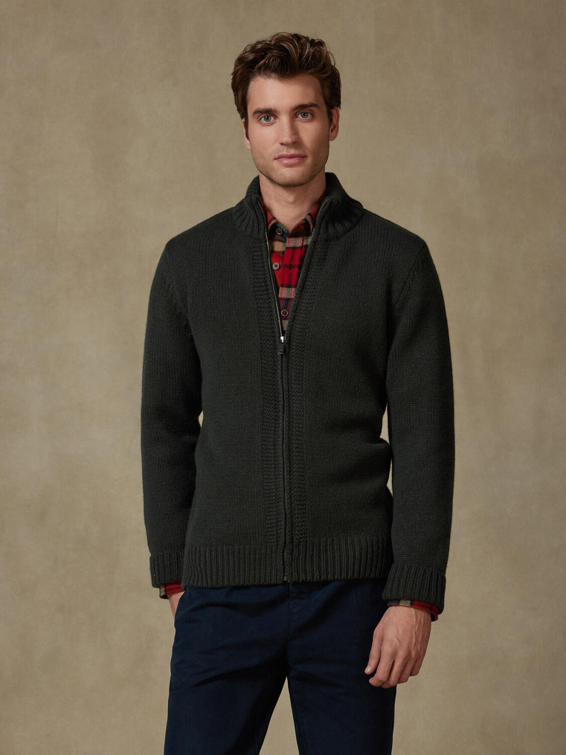 Full Zip Albury in lana d’agnello kaki