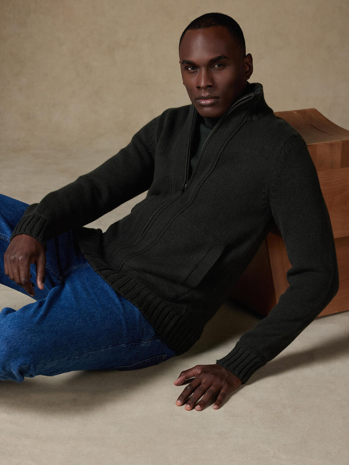 Full zip Jim en lambswool kaki