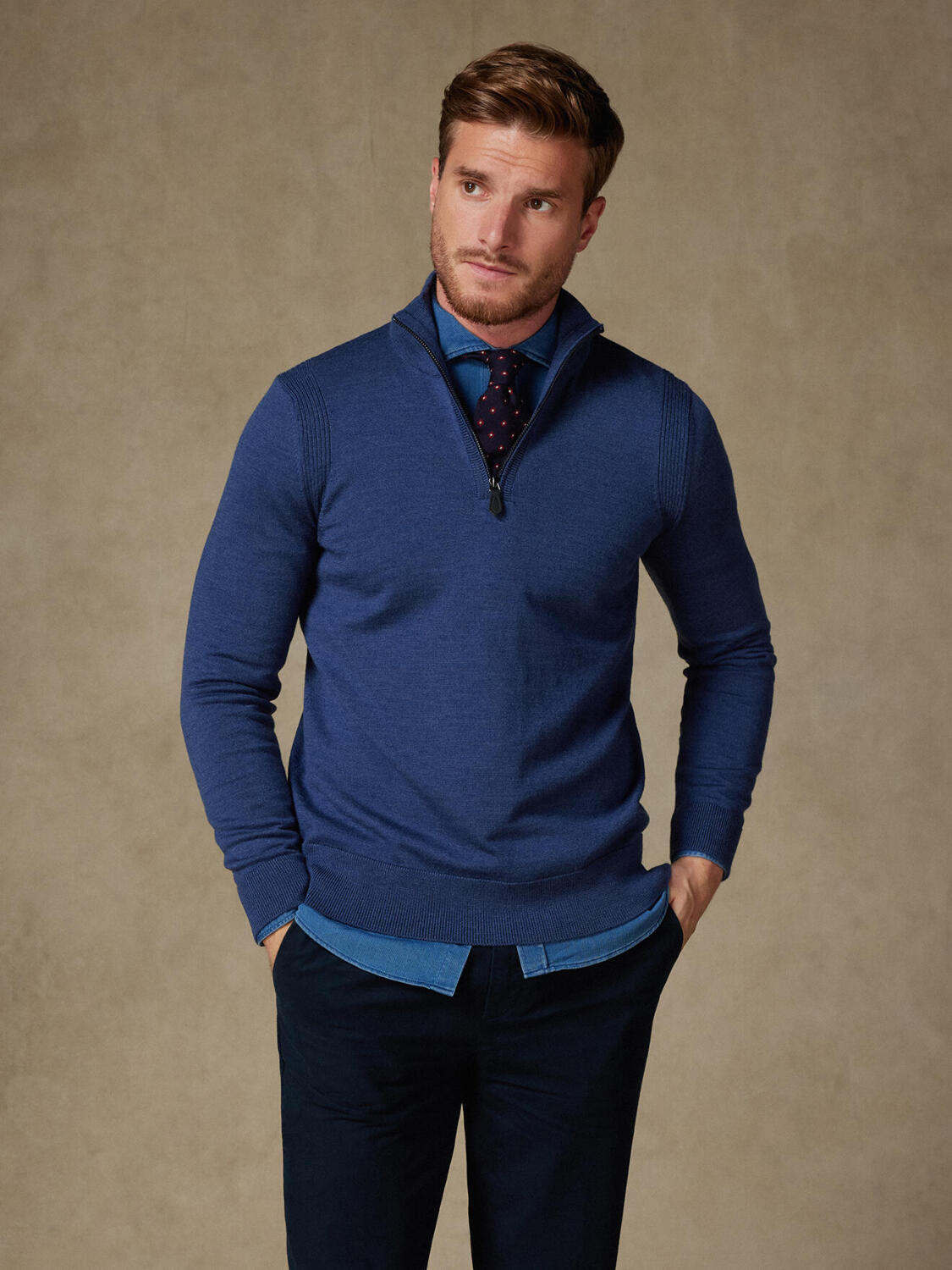 Half Zip Greg aus blauem Merino