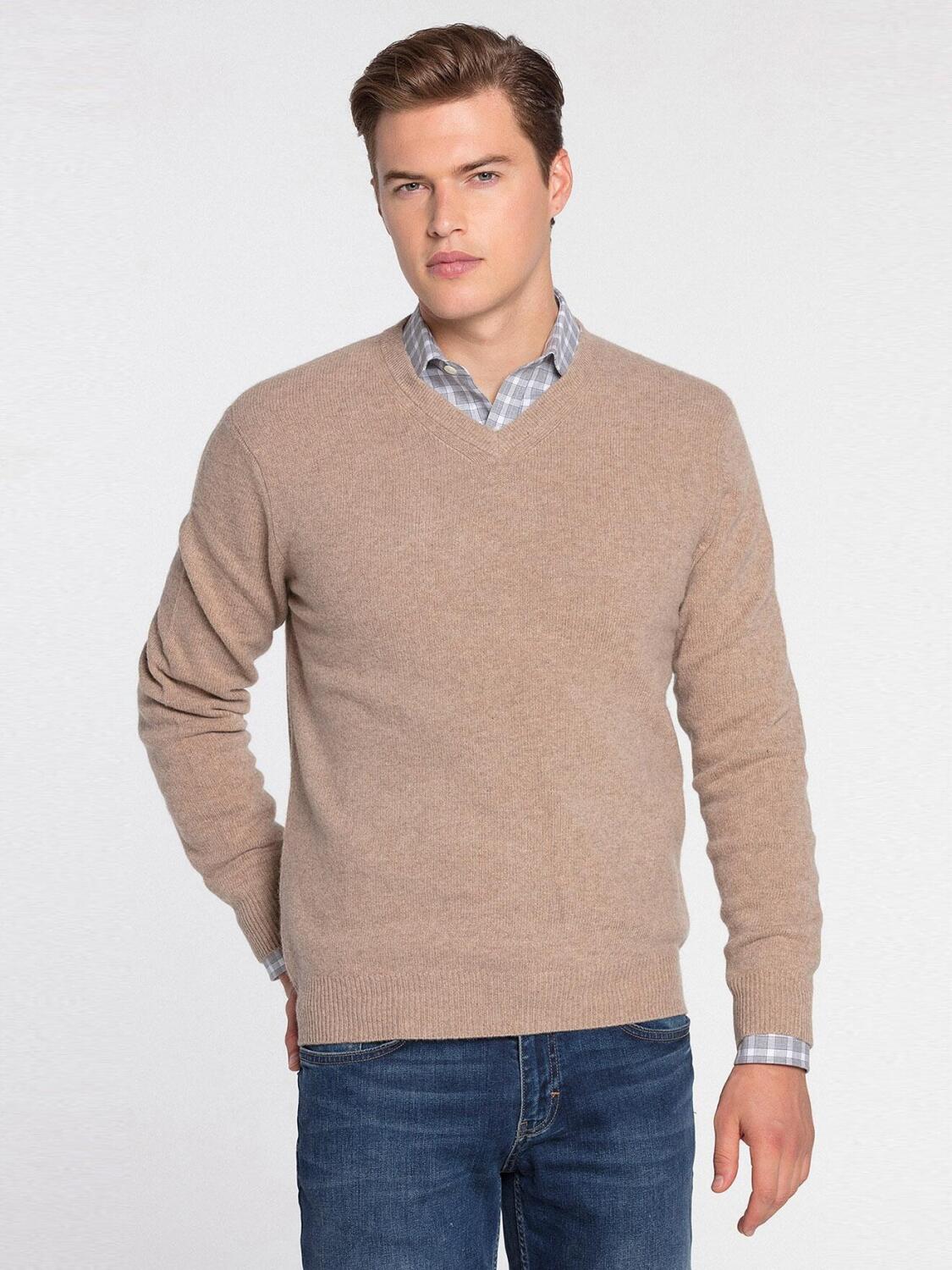Beige V-Ausschnitt-Pullover aus Lammwolle