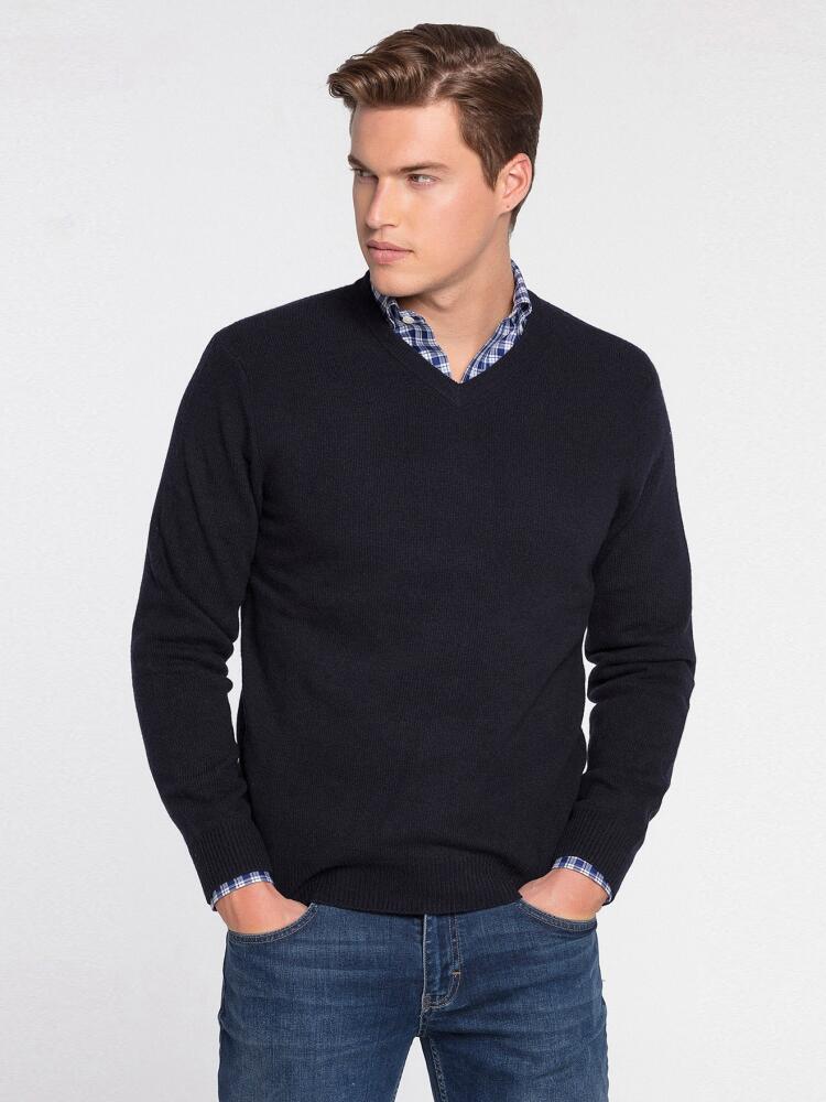 Marineblauer V-Ausschnitt-Pullover aus Lammwolle
