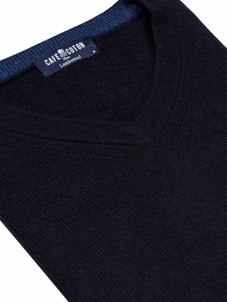 Marineblauer V-Ausschnitt-Pullover aus Lammwolle
