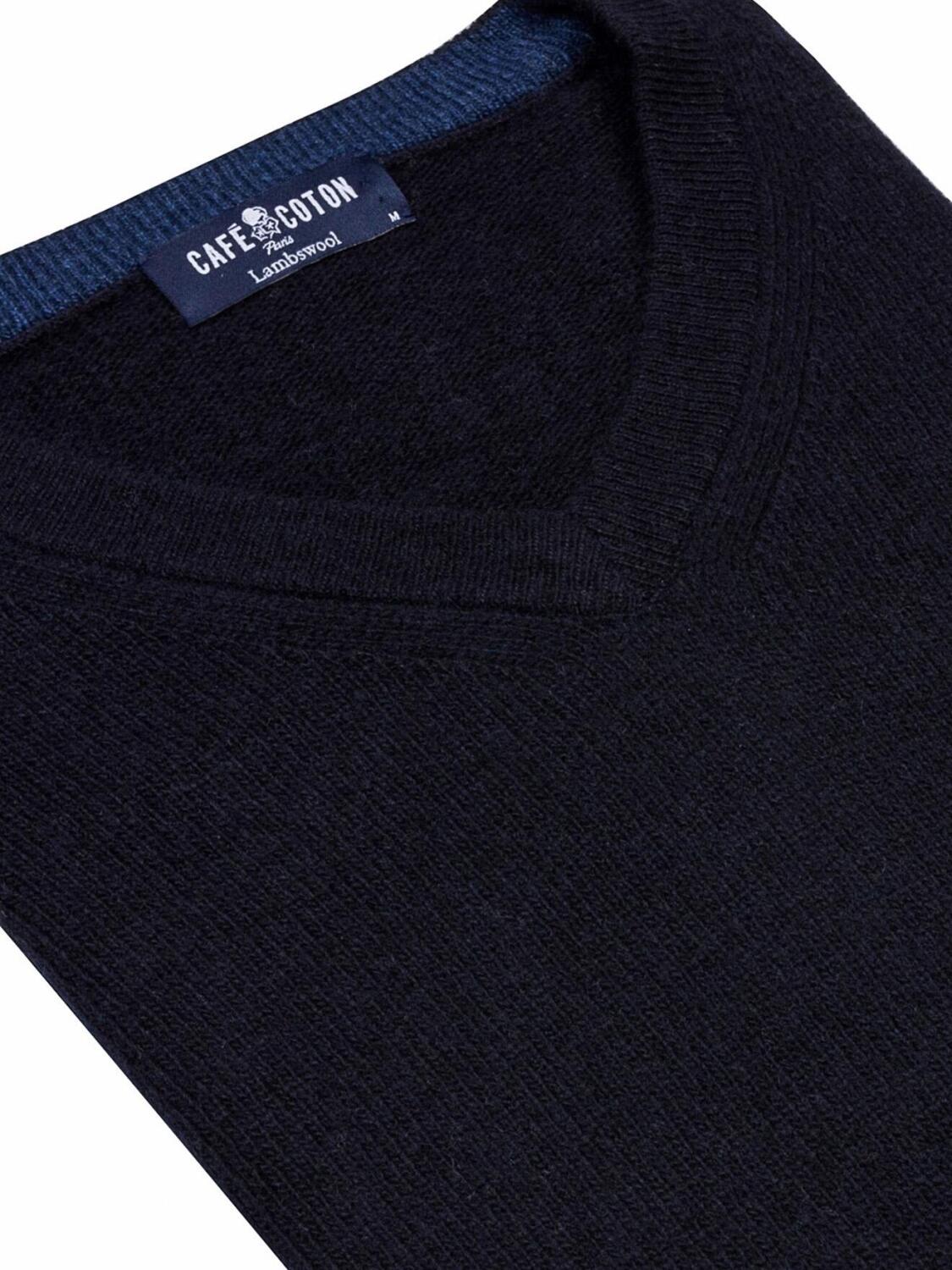 Maglione con scollo a V in lana d'agnello blu scuro