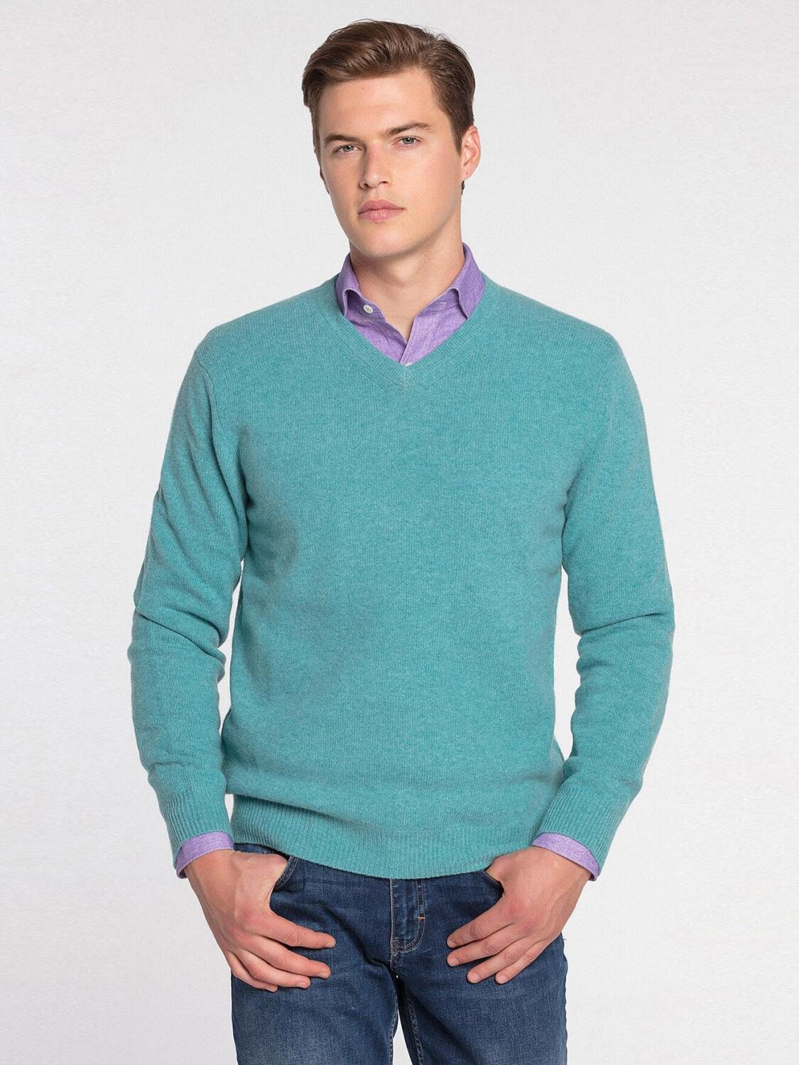 Maglione con scollo a V in lana d'agnello blu laguna