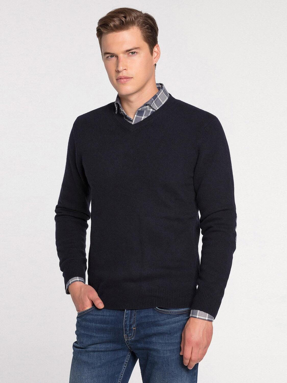 Lambswool navy elbow patch V neck jumper
