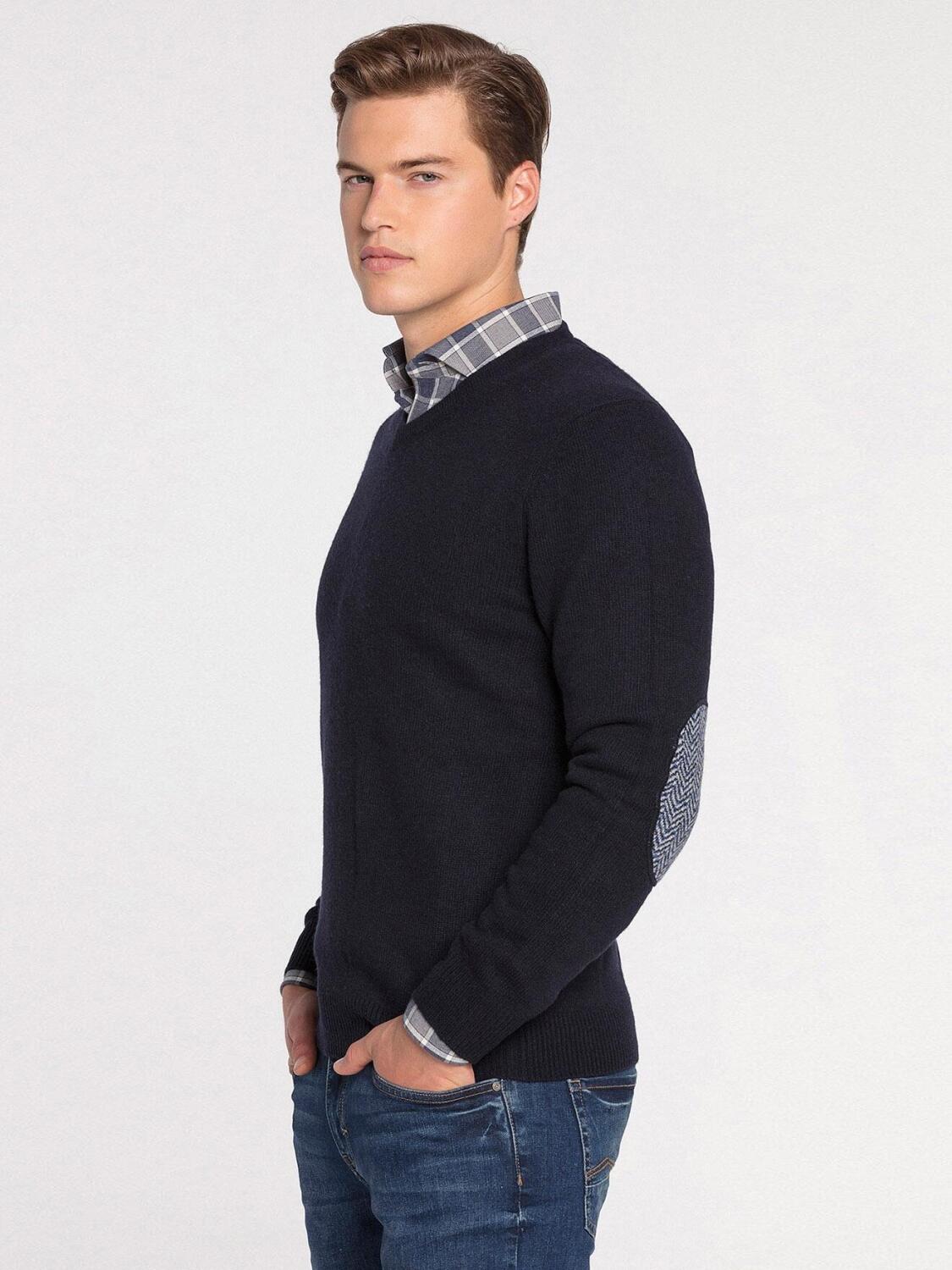 Lambswool navy elbow patch V neck jumper