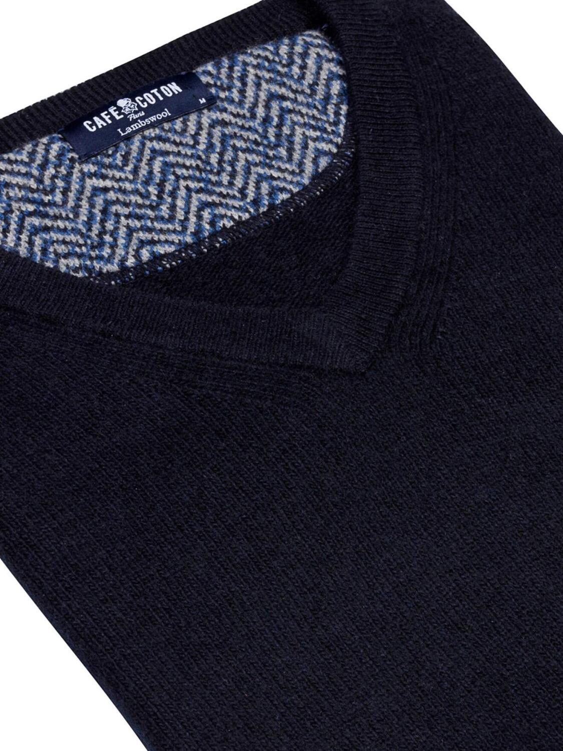 Lambswool navy elbow patch V neck jumper