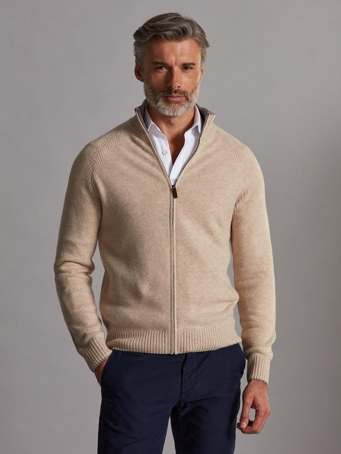 Ben zip-up cardigan in natural lambswool
