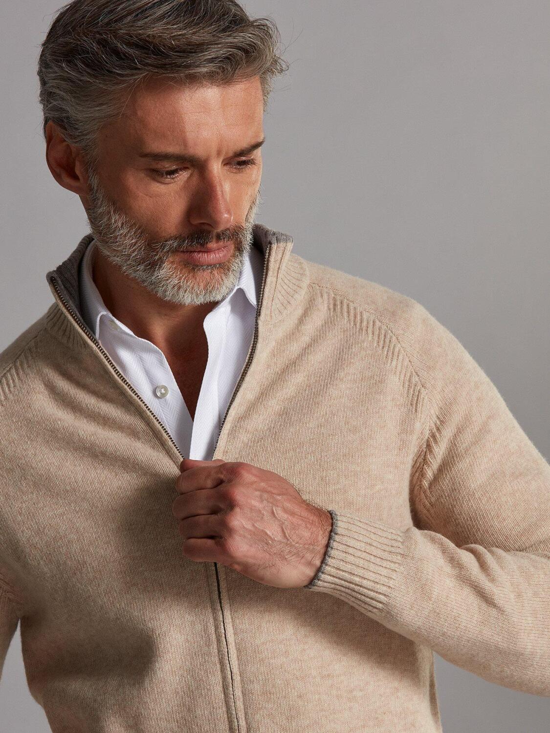 Ben zip-up cardigan in natural lambswool