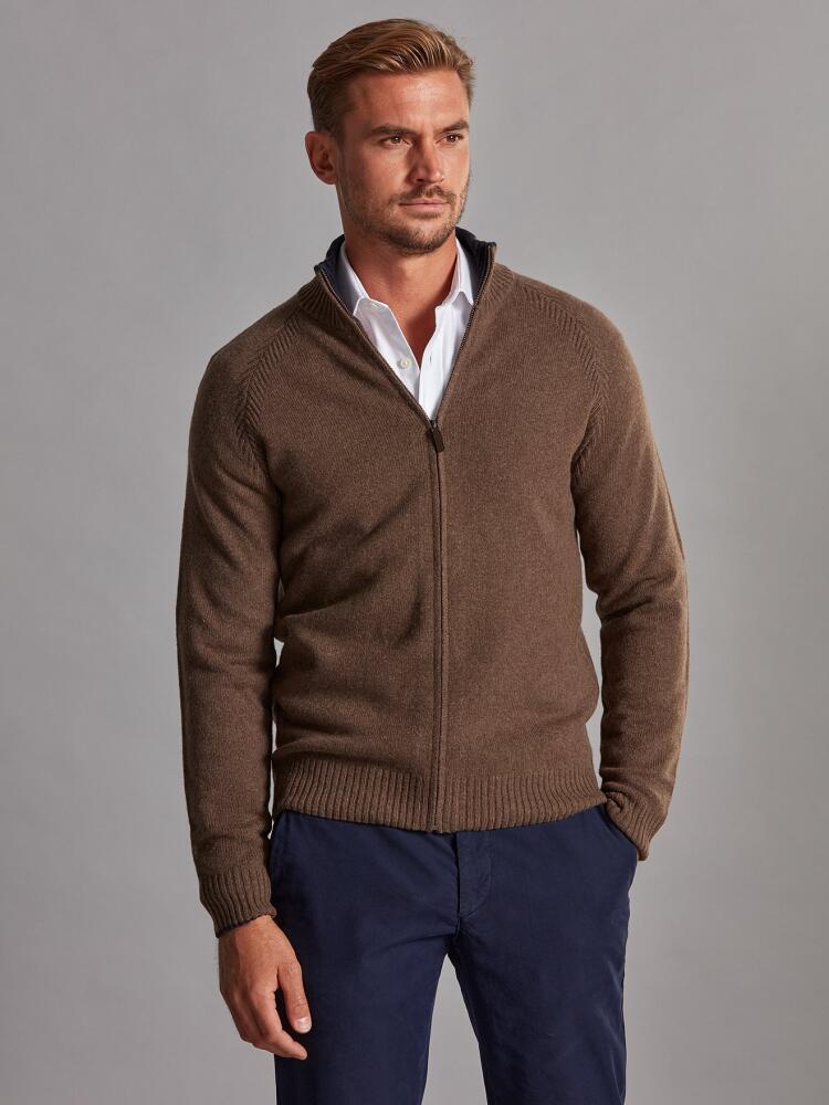 Ben zip-up cardigan in brown lambswool