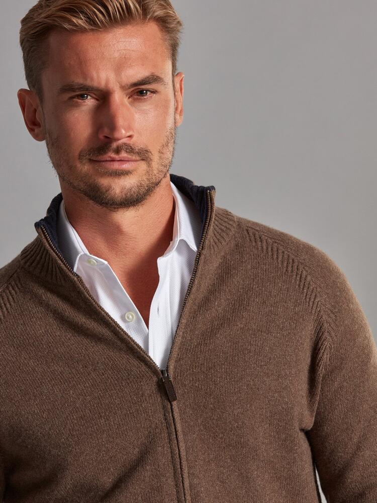 Ben zip-up cardigan in brown lambswool