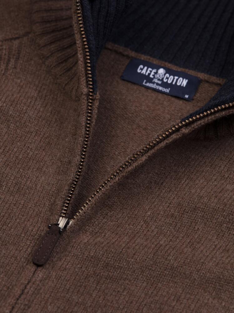 Ben zip-up cardigan in brown lambswool