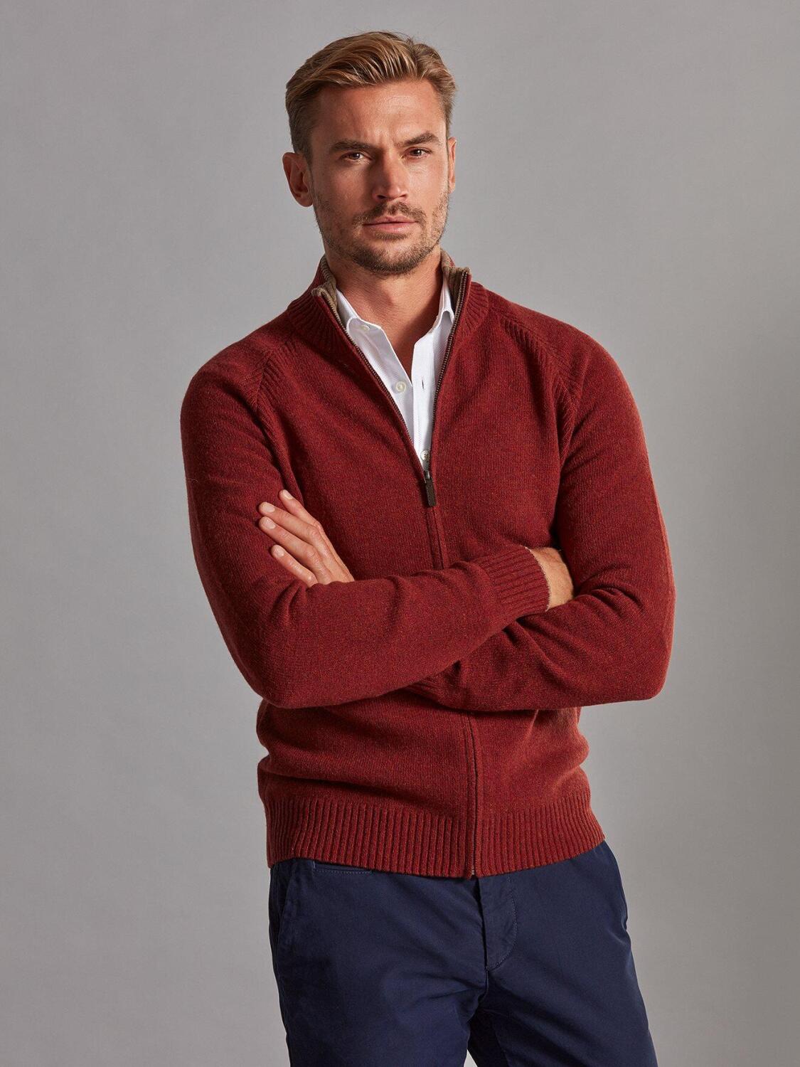 Ben zip-up cardigan in rust coloured lambswool
