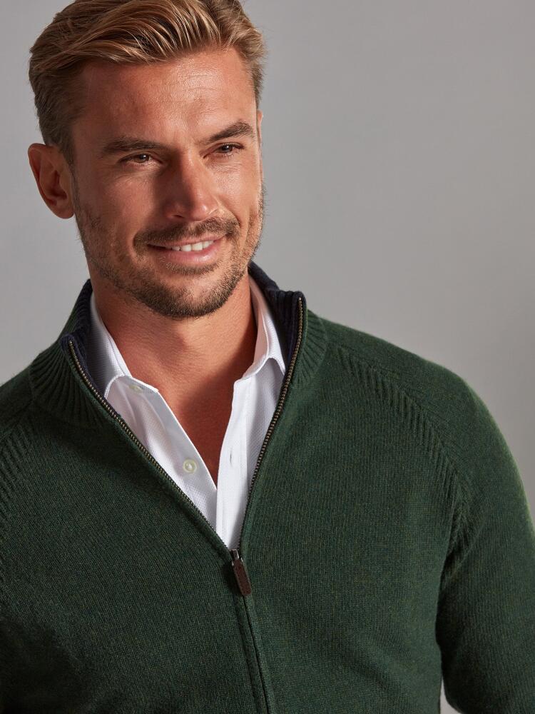 Ben zip-up cardigan in green lambswool