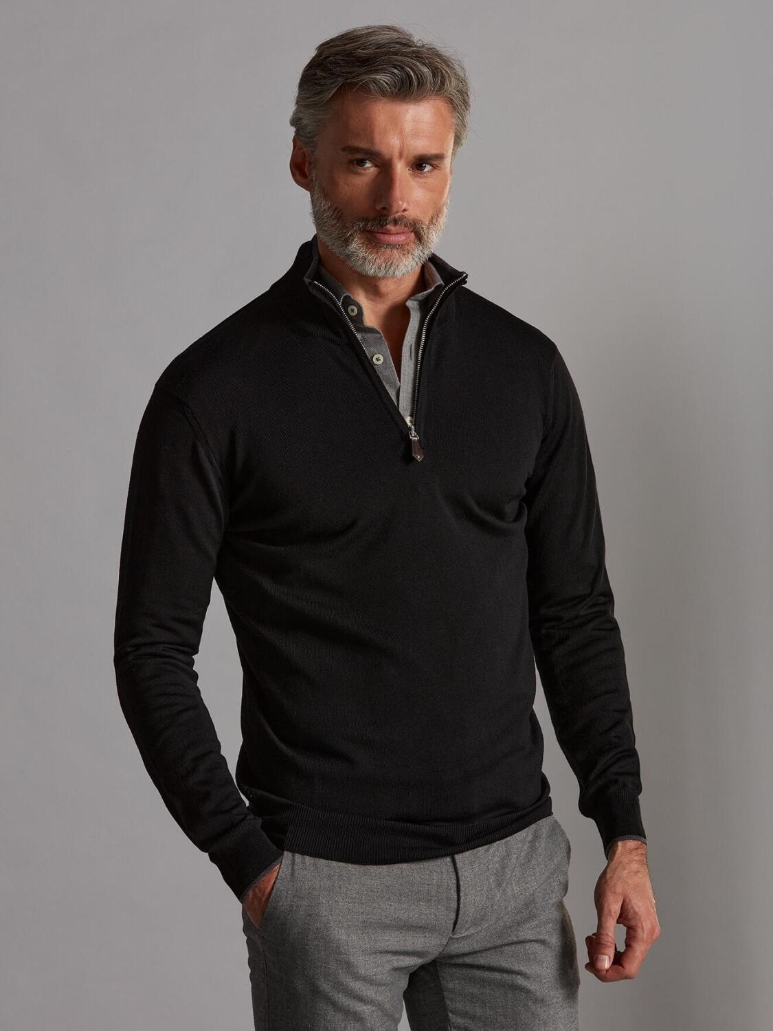 Bobby halve rits in zwart merino