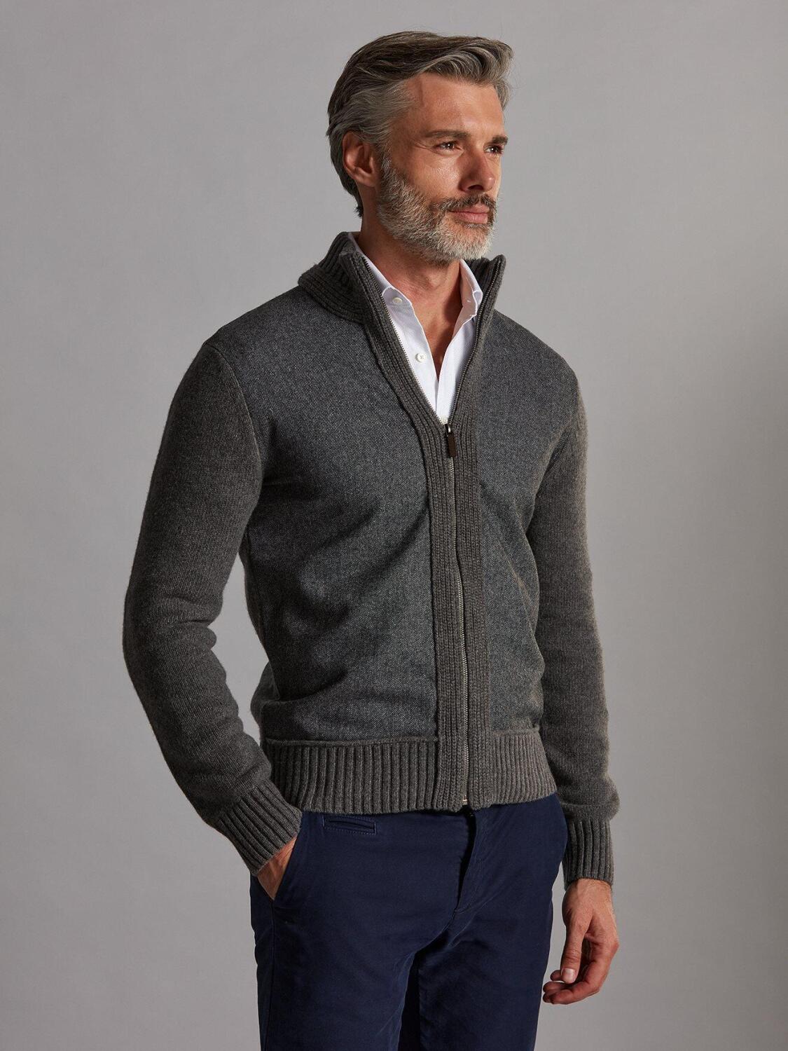 Zip-up cardigan in grey lambswool