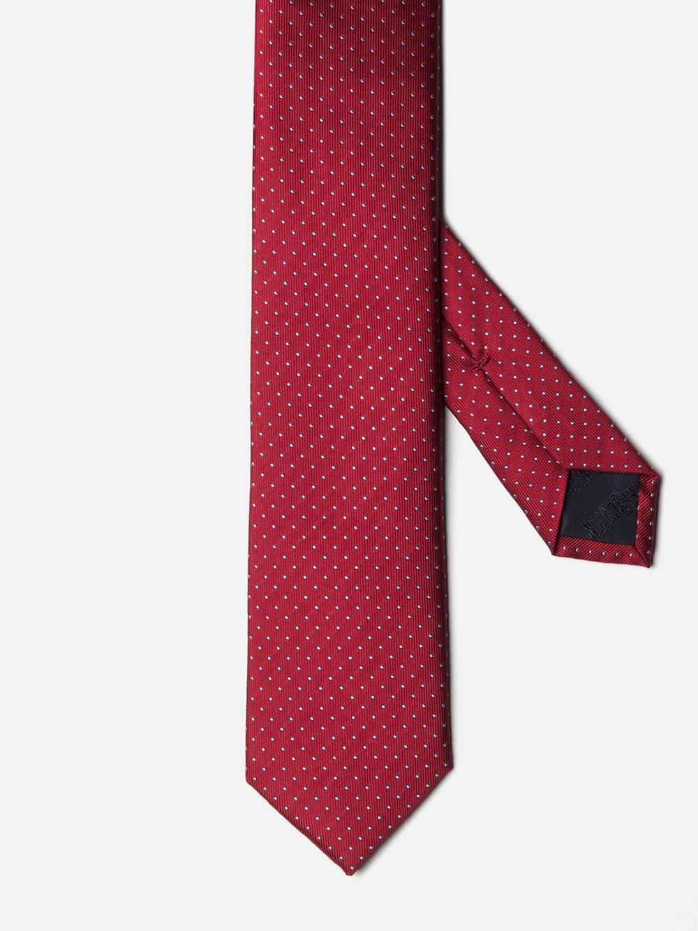 Cravate fine en soie rouge à pois ciel