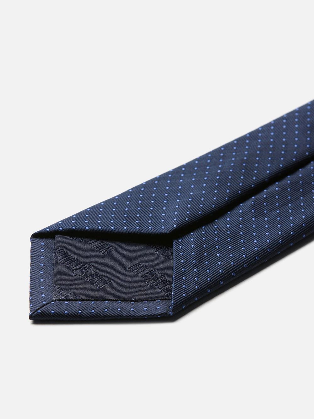 Cravate fine en soie marine à pois bleus