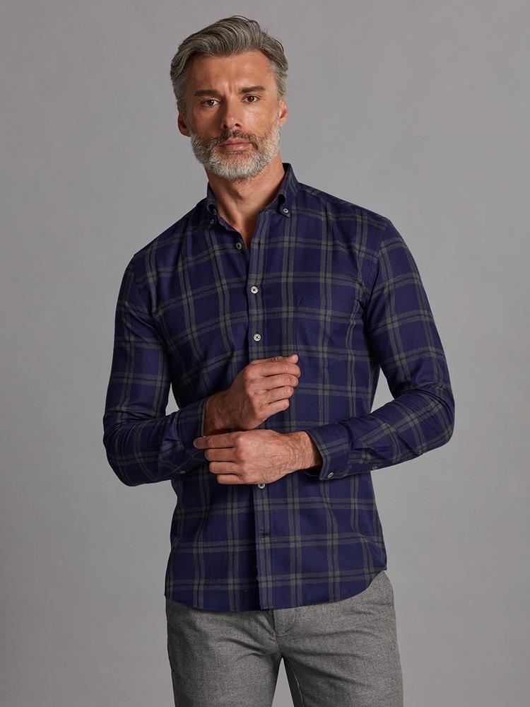 Dwight navy blue flannel shirt with grey checks - Button-down collar