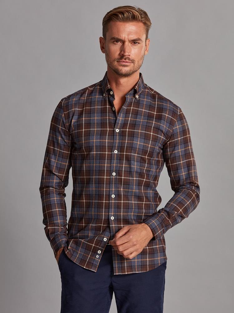 Enoch navy blue flannel shirt with chocolate brown checks - Button-down collar