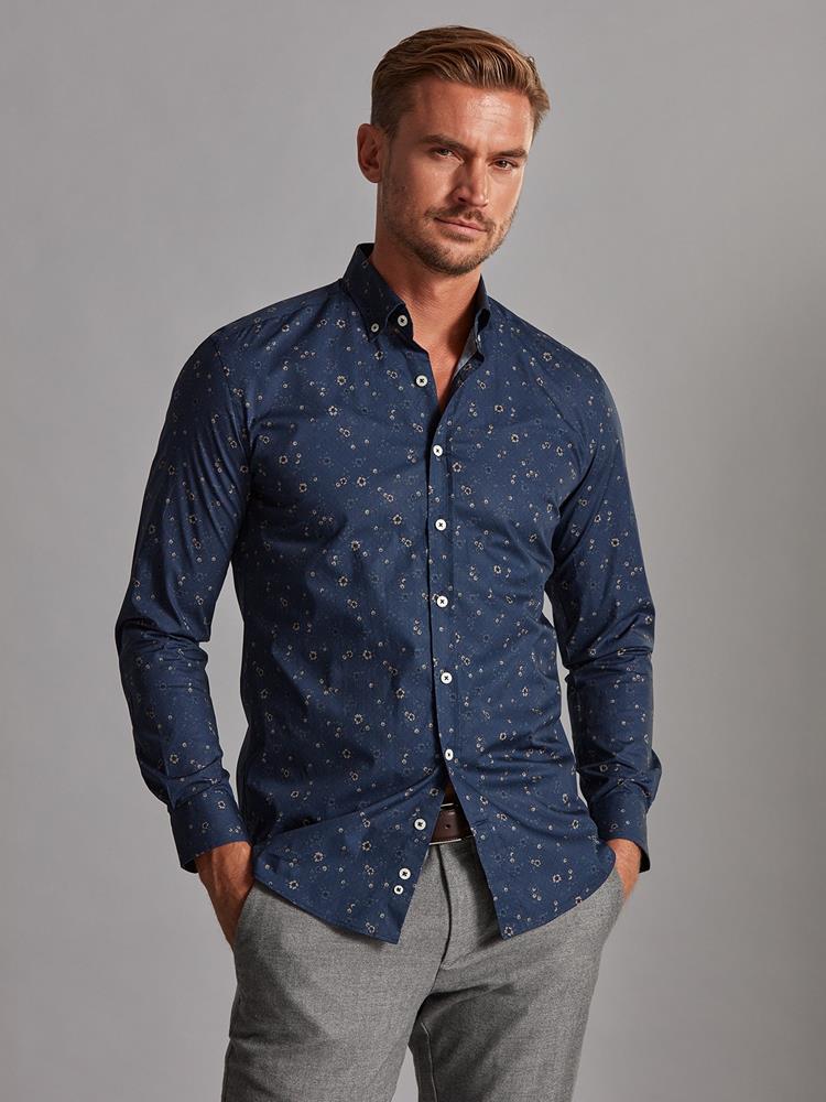Bretty navy blue slim fit shirt with floral print - Button-down collar