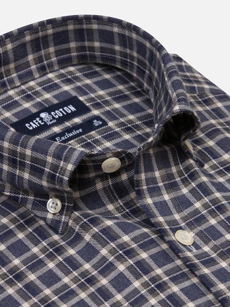 Denys navy blue flannel slim fit shirt with grey checks - Button-down collar