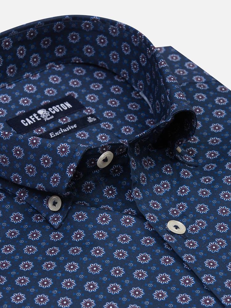 Elton navy blue slim fit shirt with printed pattern - Button-down collar