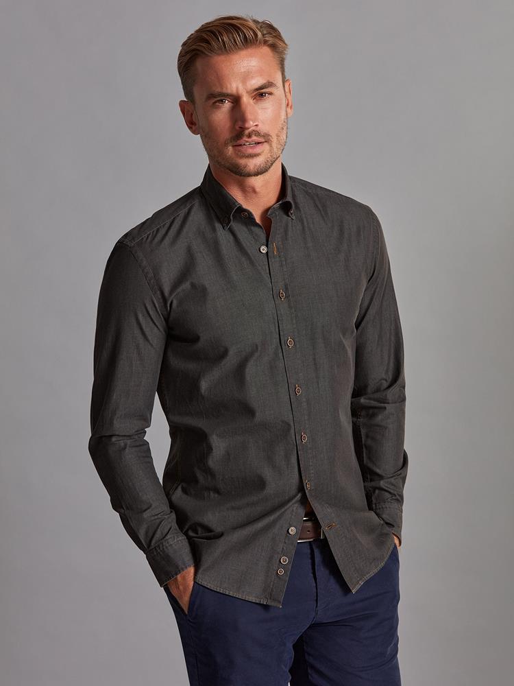 Lou grey denim slim fit shirt - Button-down collar