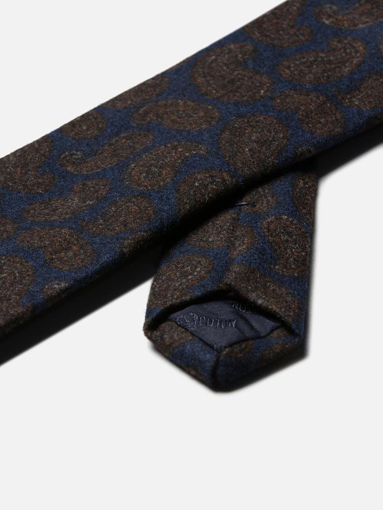 Navy brown Paisley print silk and wool tie